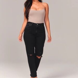 Abercrombie & Fitch The Mom High Rise Black Skinny Jeans with Distressed Knees
